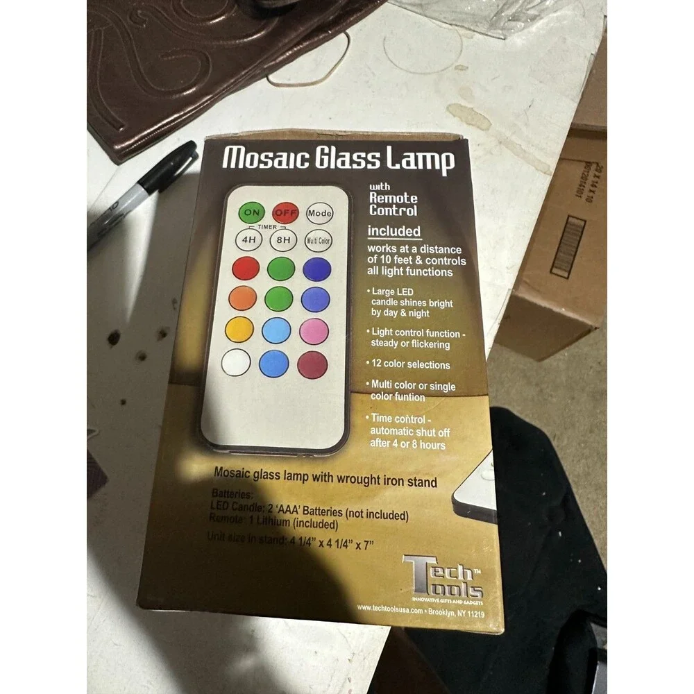 Tech Tools Mosaic Glass Lamp with Remote Control Wrought Iron Stand Set Of 2